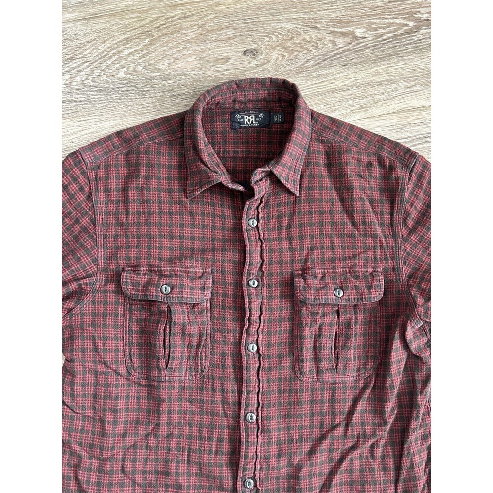 Double RL Ralph Lauren RRL Cotton Plaid Flannel Button Up Shirt Brown Red Large